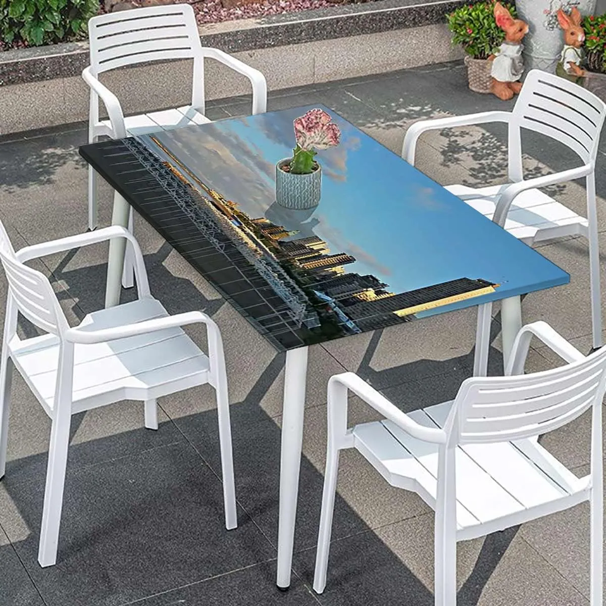 Navy Blue Rectangle Elastic Fitted Tablecloth Aerial View of City Skyline at Dusk Waterproof Spill-Easy to Wipe, Great for Picnic Party Outdoor Patio Denver Panoramic Fits up 5 Foot Tables