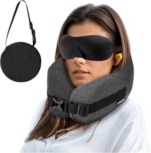 Neck Pillow Airplane Travel Set - Pure Memory Foam Travel Neck Pillow, Plane Pillow for Long Flights Essentials, Sleeping with 3D Contoured Eye Mask, Earplugs, Portable Bag (Gray-S)