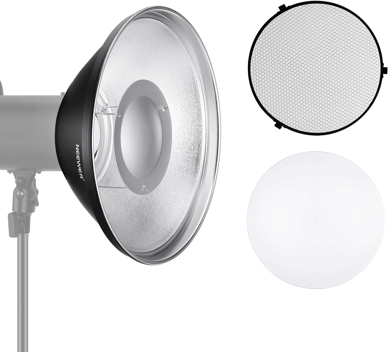 NEEWER 12"/30cm Metal Beauty Dish Bowens Mount Reflector Kit with White Diffuser Sock, Honeycomb Grid for Strobe Flash Video Light Compatible with Godox AD600 NEEWER CB60 Q4 Vision 4 S101 Series, LD30