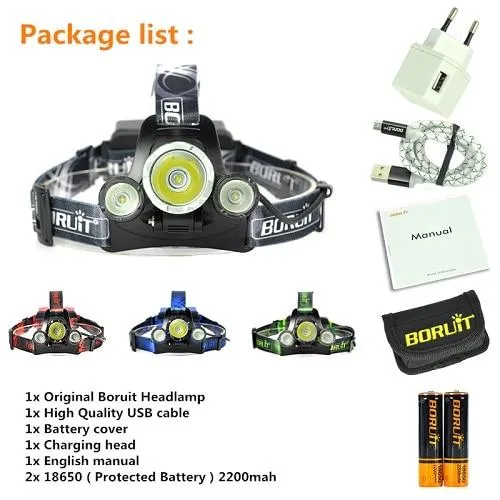 New Boruit B21 3 Led Searchlight Lantern Battery LED Headlamp 6000 lumens Forehead Lamp 18650 battery rechargeable camping light