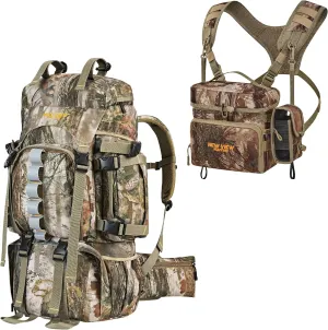 NEW VIEW 60L Hunting Backpack with Waterproof Rain Cover & Bino Packs for Hunting - Binocular Straps Harness Chest Pack