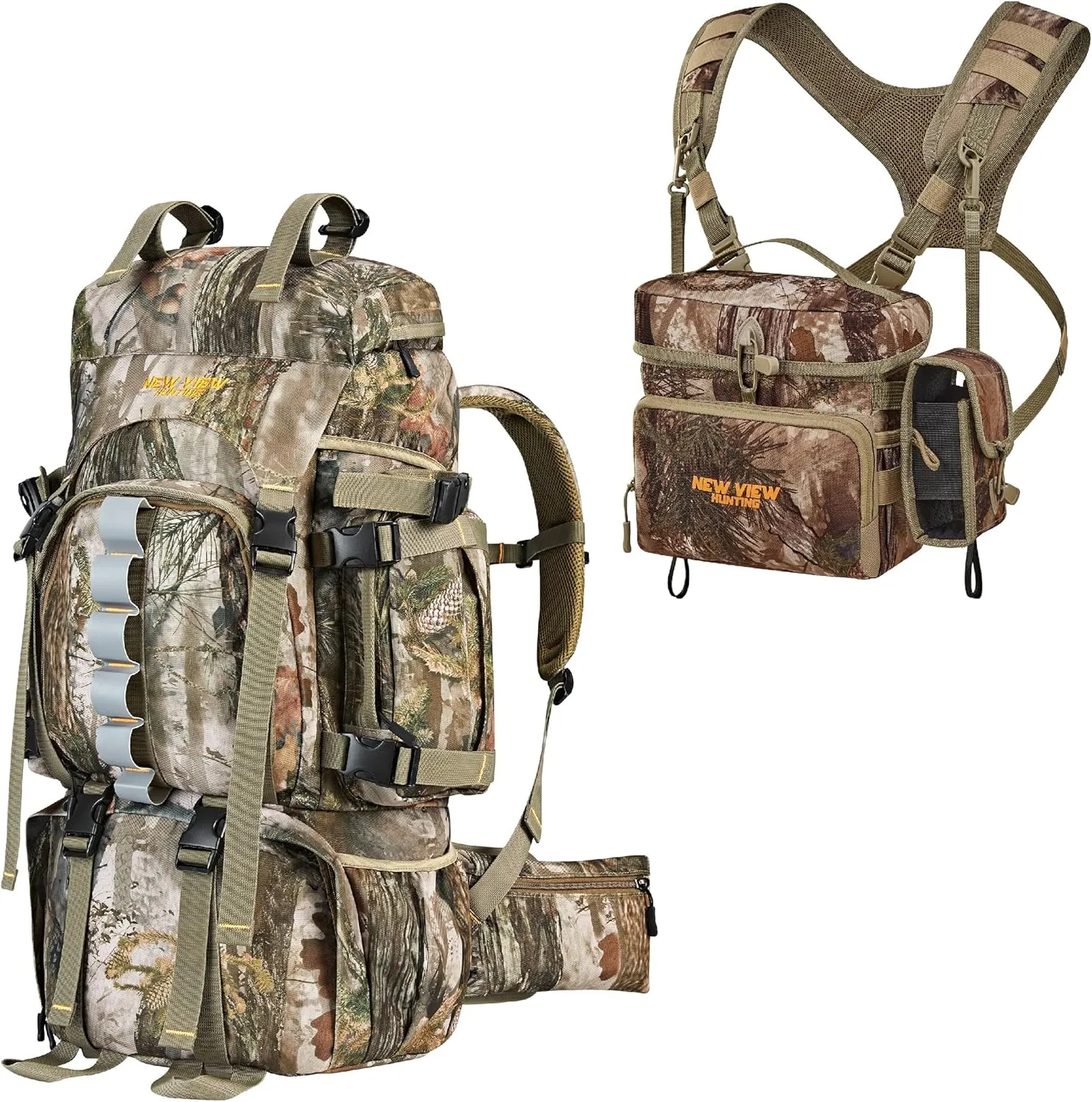 NEW VIEW 60L Hunting Backpack with Waterproof Rain Cover & Bino Packs for Hunting - Binocular Straps Harness Chest Pack