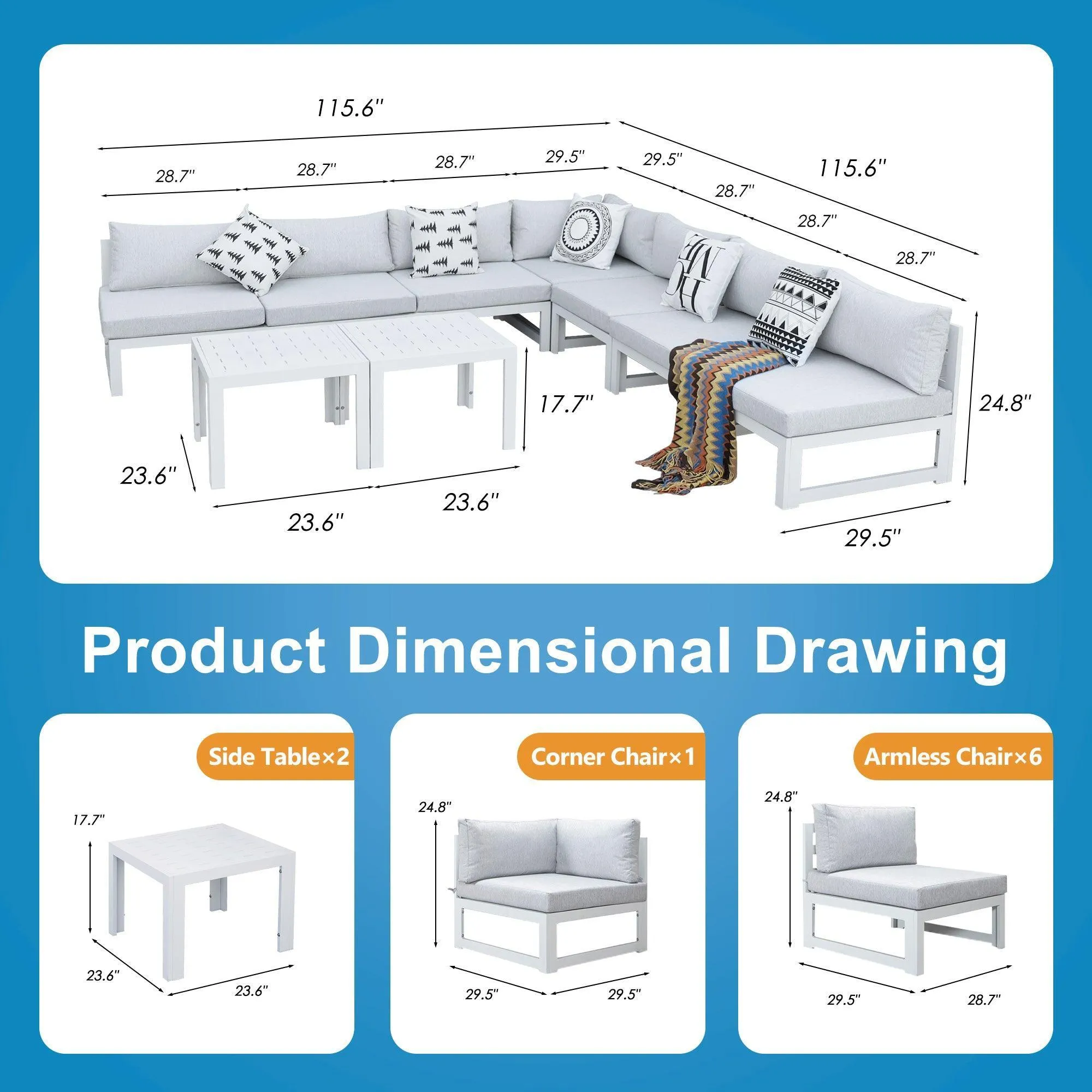 NICESOUL Aluminum Patio Sofa with Table 7 Seater 9-Piece