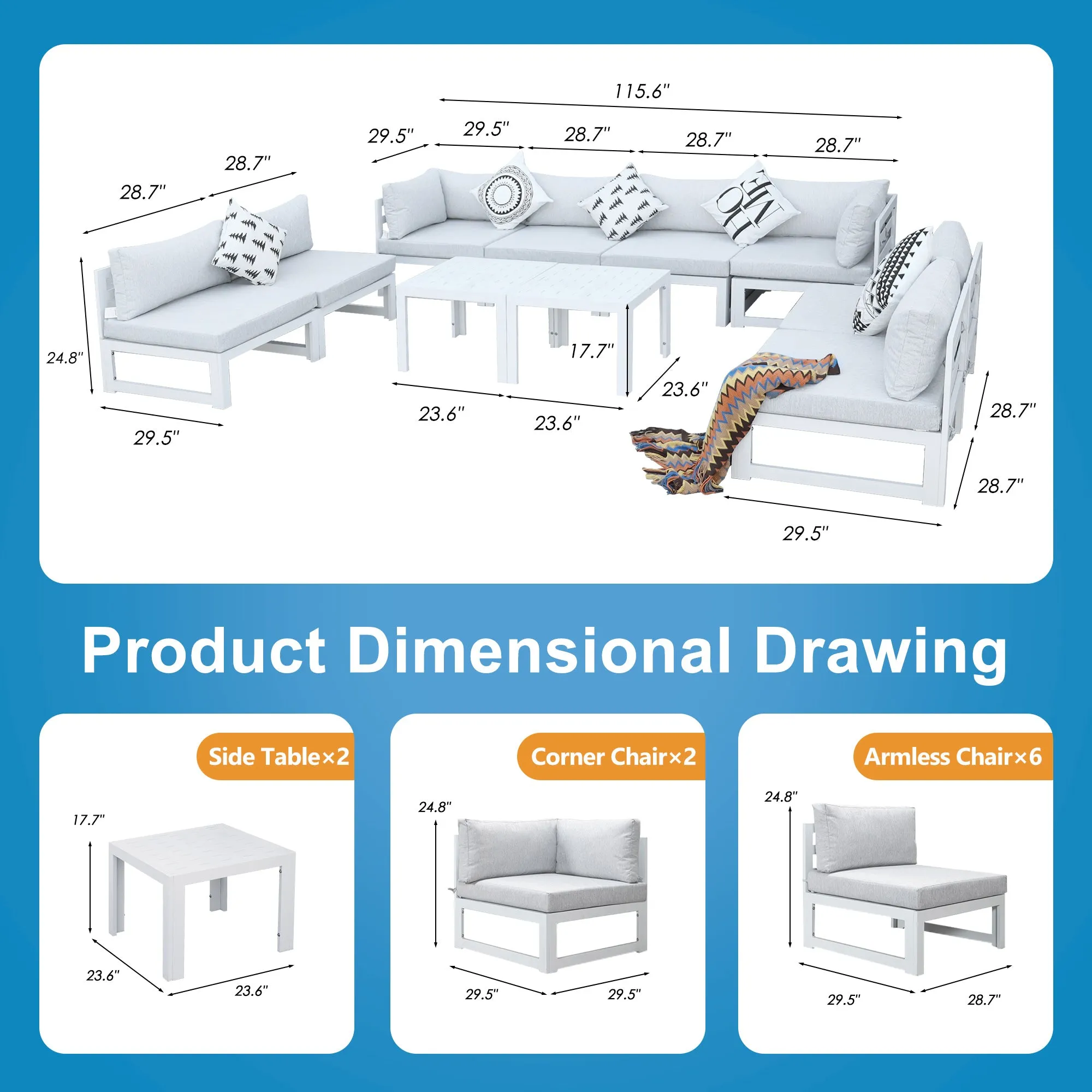 NICESOUL Aluminum Patio Sofa with Table 8 Seater 10-Piece