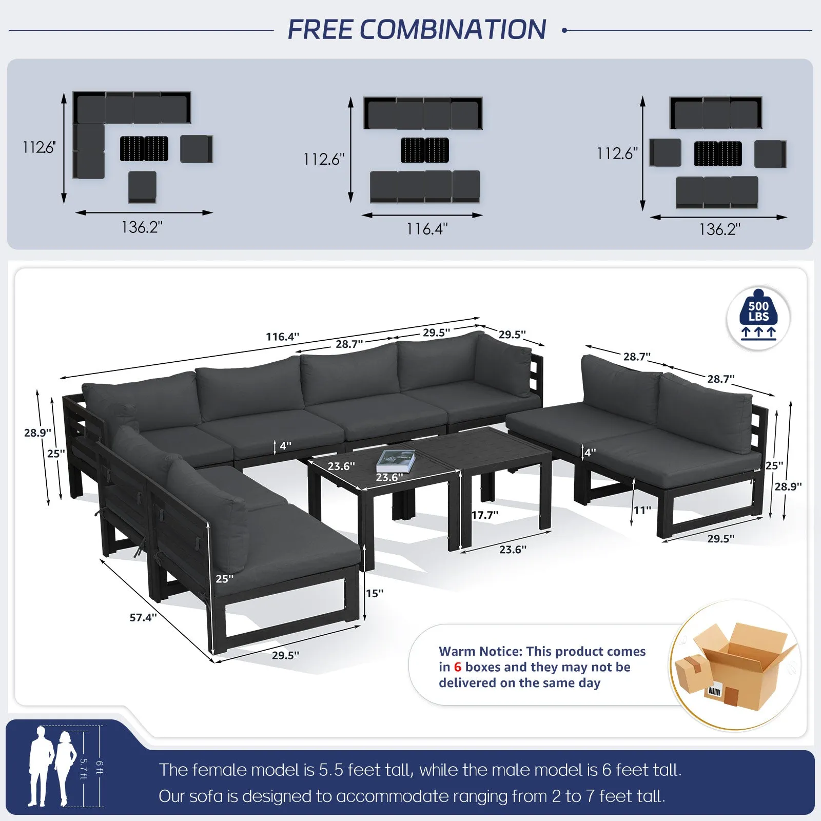 NICESOUL Aluminum Patio Sofa with Table 8 Seater 10-Piece