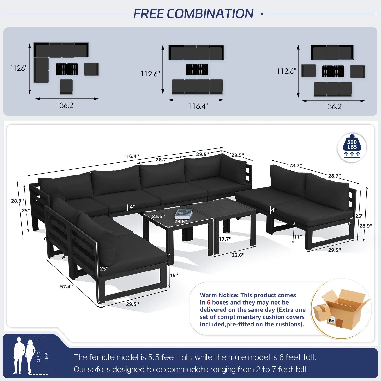 NICESOUL Aluminum Patio Sofa with Table 8 Seater 10-Piece