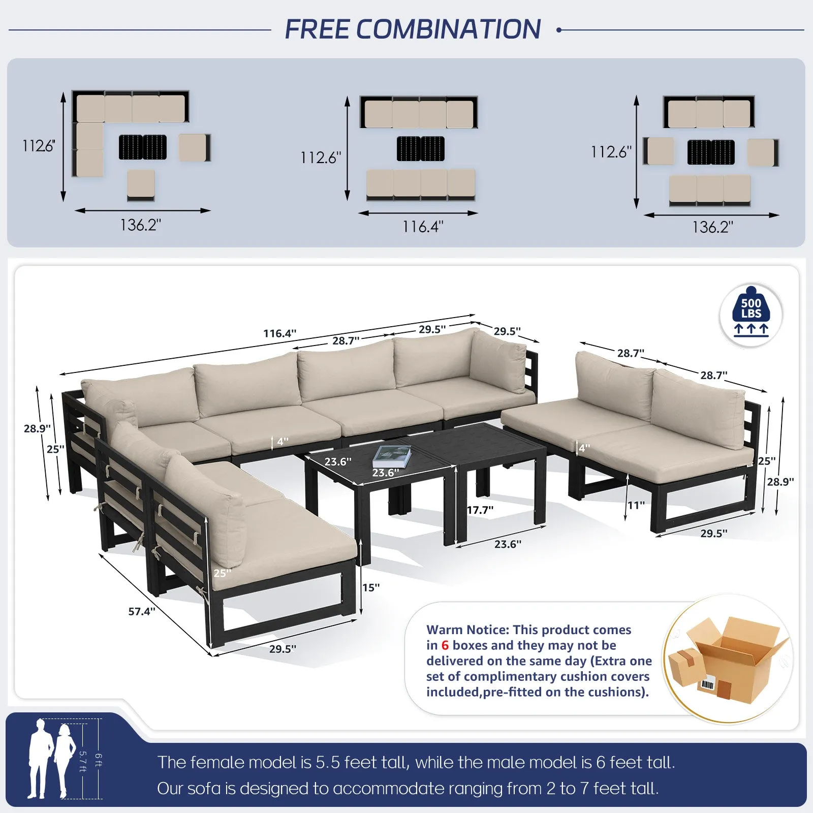 NICESOUL Aluminum Patio Sofa with Table 8 Seater 10-Piece