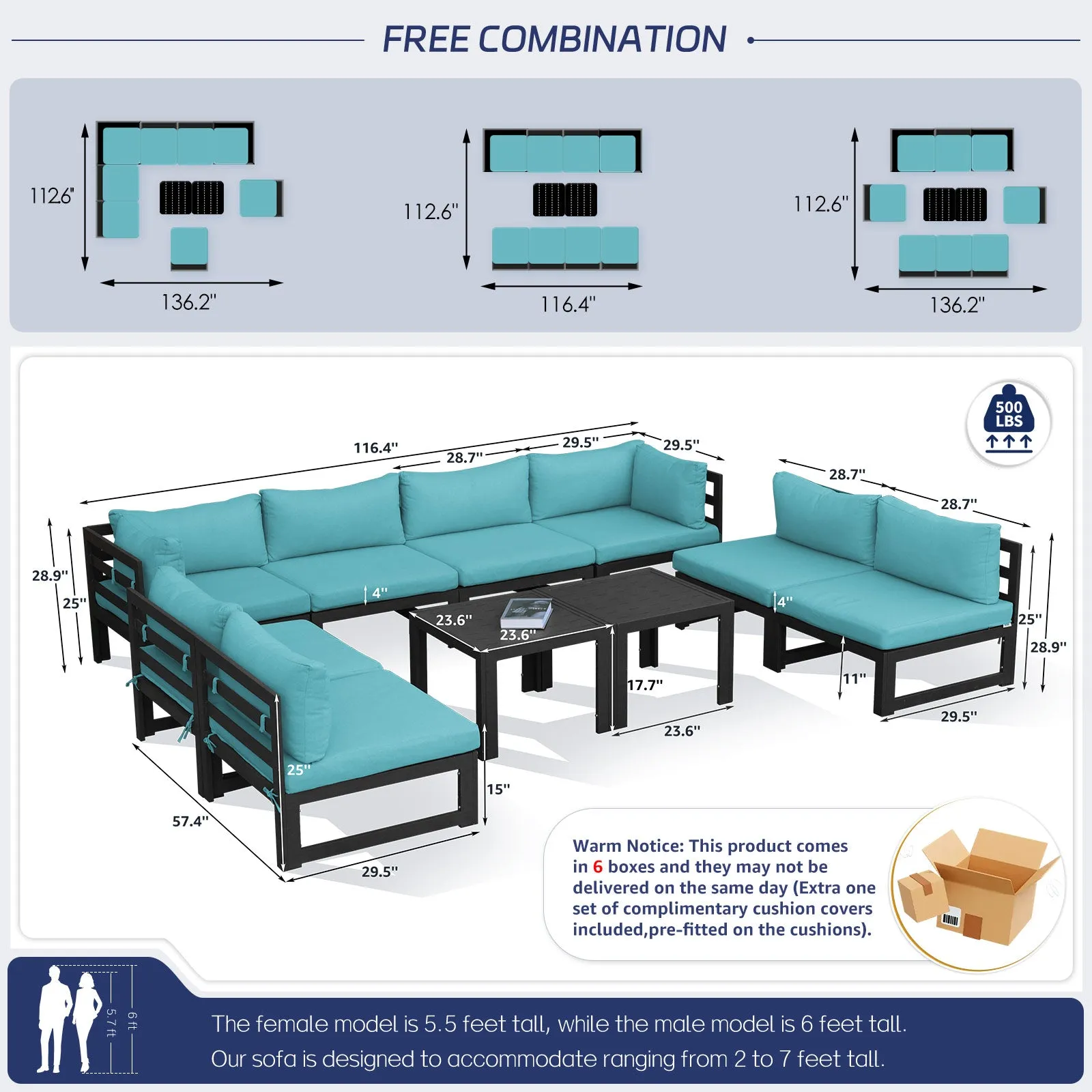 NICESOUL Aluminum Patio Sofa with Table 8 Seater 10-Piece