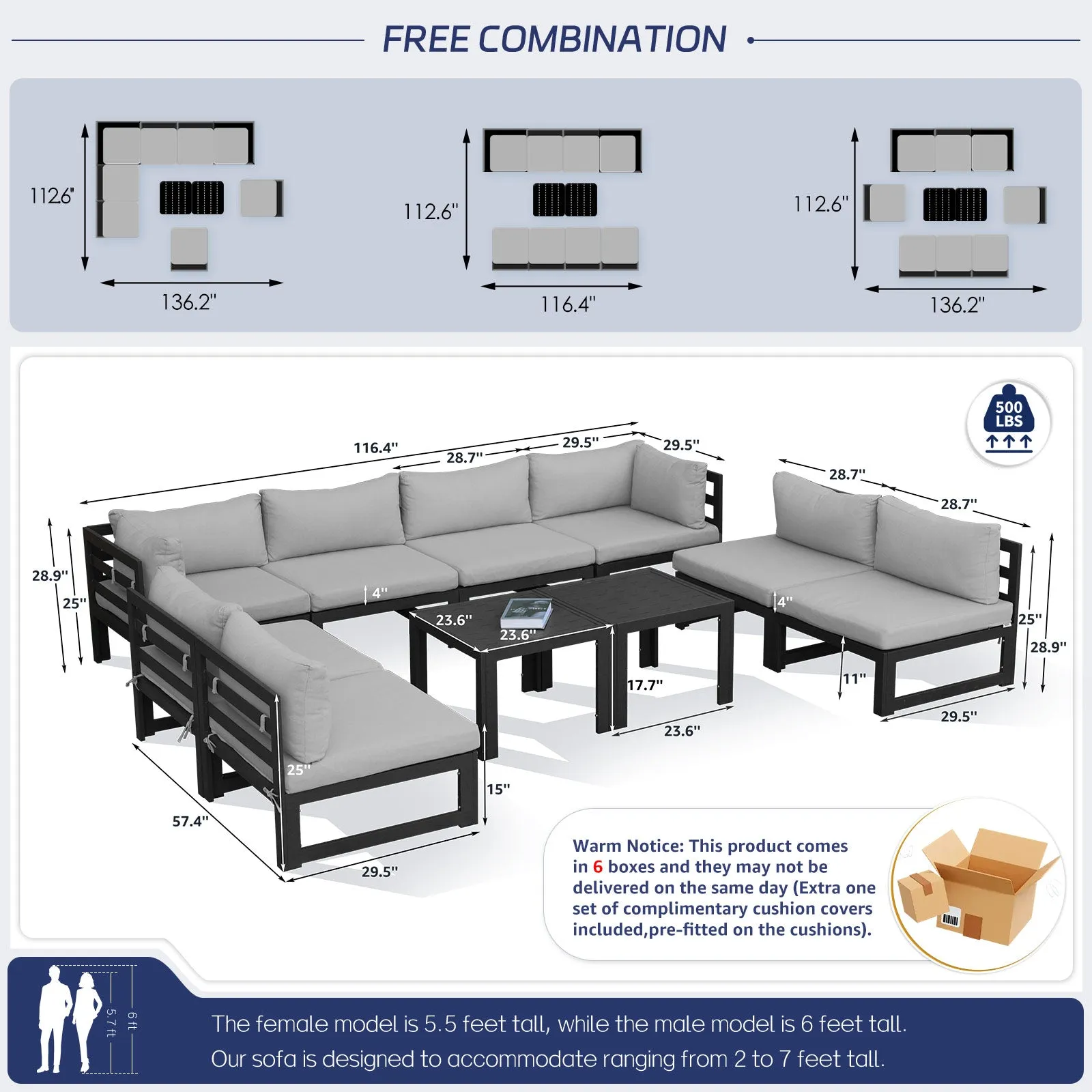 NICESOUL Aluminum Patio Sofa with Table 8 Seater 10-Piece