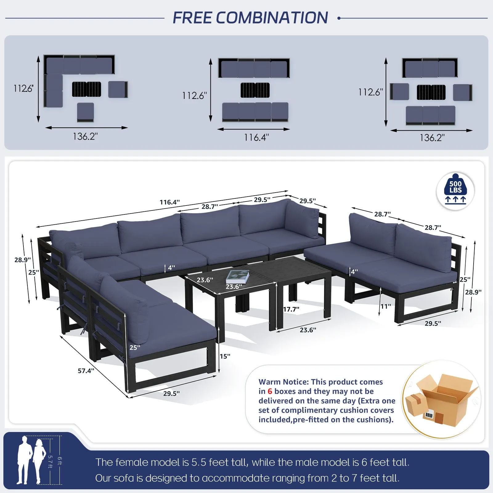 NICESOUL Aluminum Patio Sofa with Table 8 Seater 10-Piece