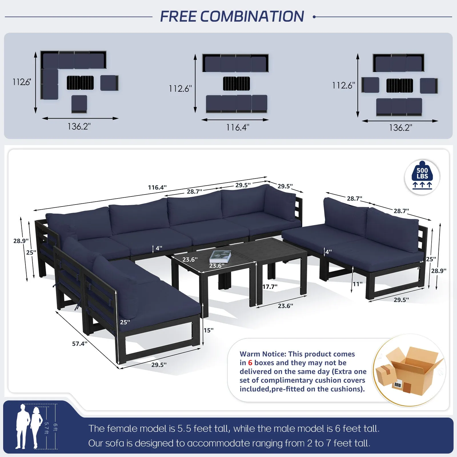 NICESOUL Aluminum Patio Sofa with Table 8 Seater 10-Piece