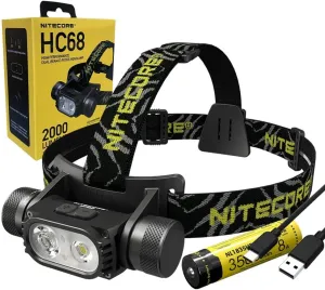 NITECORE HC68 High Performance Dual Beam E-focus Headlamp- 2000 Lumens w/High 3500 Milli AH Capacity Cell Included and Eco Sensa USB Charging Cable