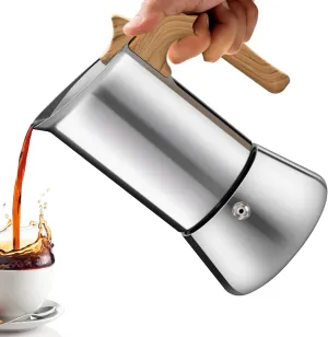 No Coating 4 Cup Moka Pot Thickened 304 Stainless Steel Stovetop Espresso Coffee Maker 200ml 6.8oz Mocha Percolator Greca Cuban Ideal for Making Rich Authentic Italian Café