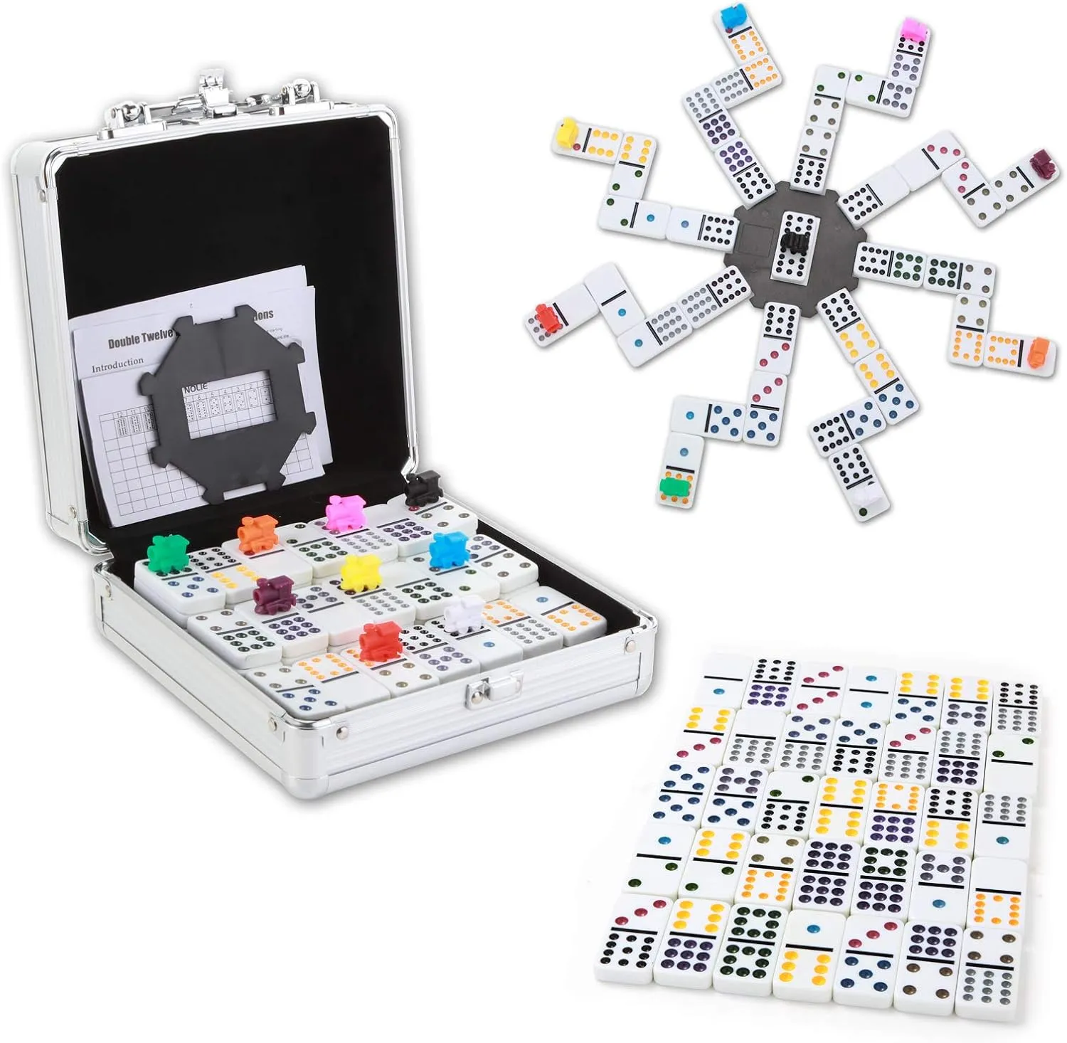 NOLIE Mexican Train Dominoes Game, Double 12 Dominoes Set, Dot Dominoes with Aluminum Case