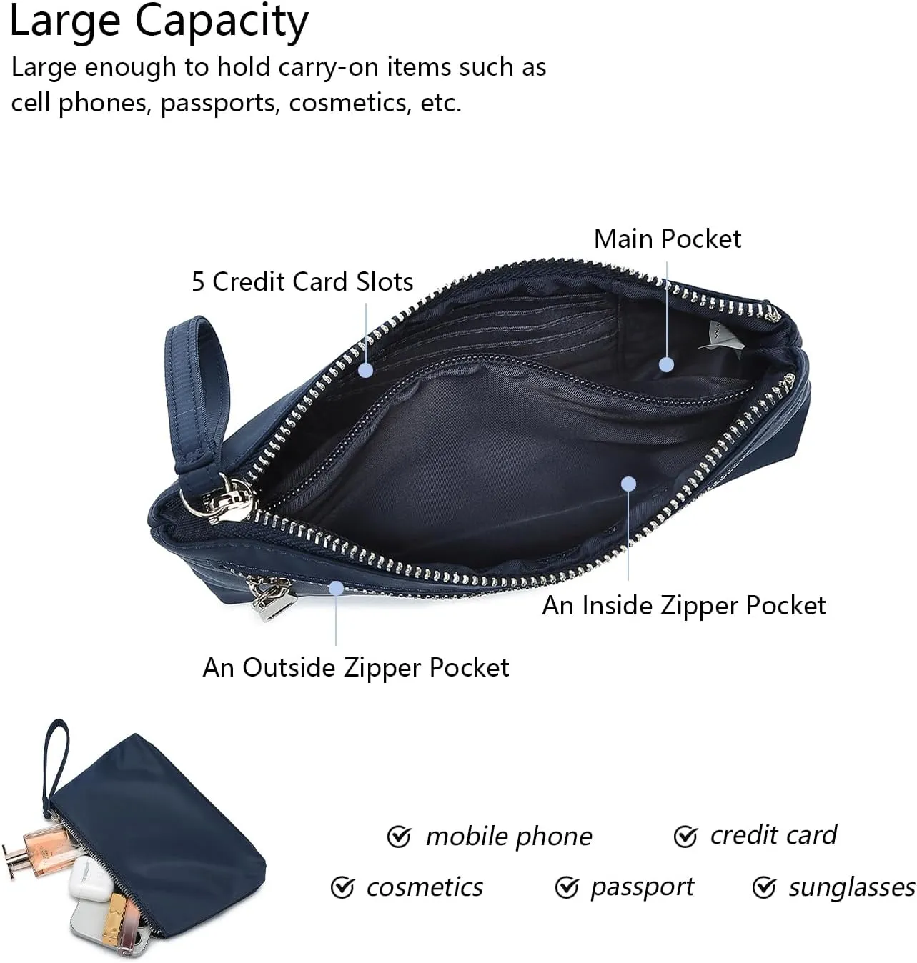 Nylon Wristbands Bag Makeup Pouch for Purse Waterproof Wristbands Bag with Zipper Pocket Credit Card Pouch