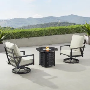 Oakland Living Black Aluminum Patio Fire Table Bistro Set with Two Club Chairs with Light Grey Cushions
