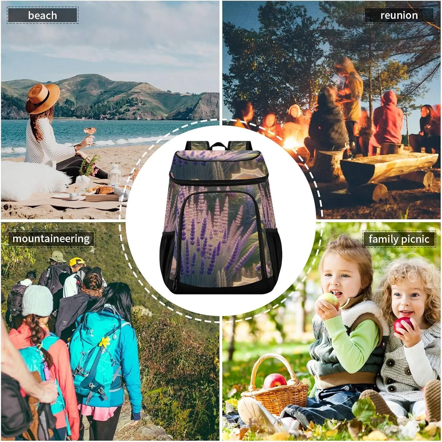 ODAWA Cooler Backpack Waterproof Beach Cooler Bag Lavenders Sunflowers Roses Lunch Backpack Lightweight Camping Bags