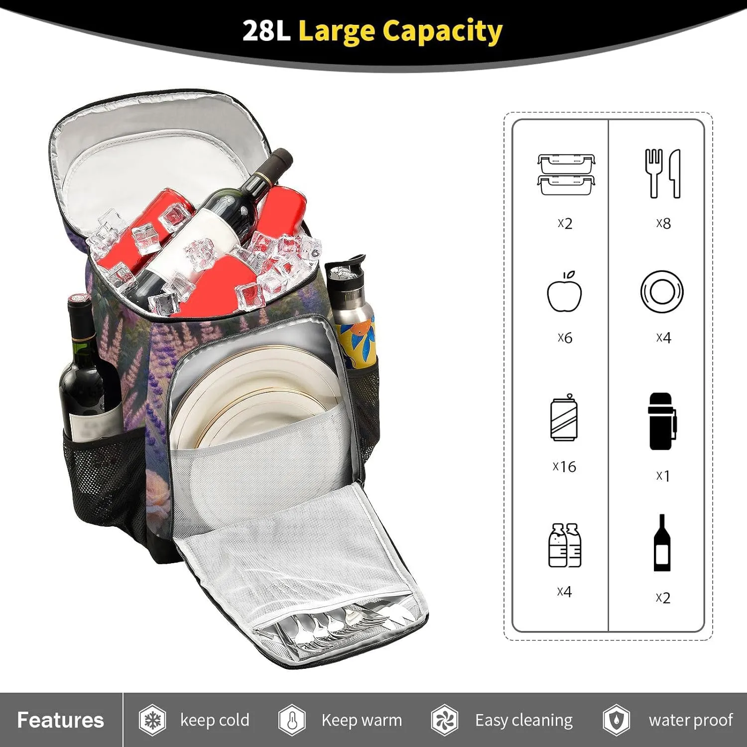 ODAWA Cooler Backpack Waterproof Beach Cooler Bag Lavenders Sunflowers Roses Lunch Backpack Lightweight Camping Bags