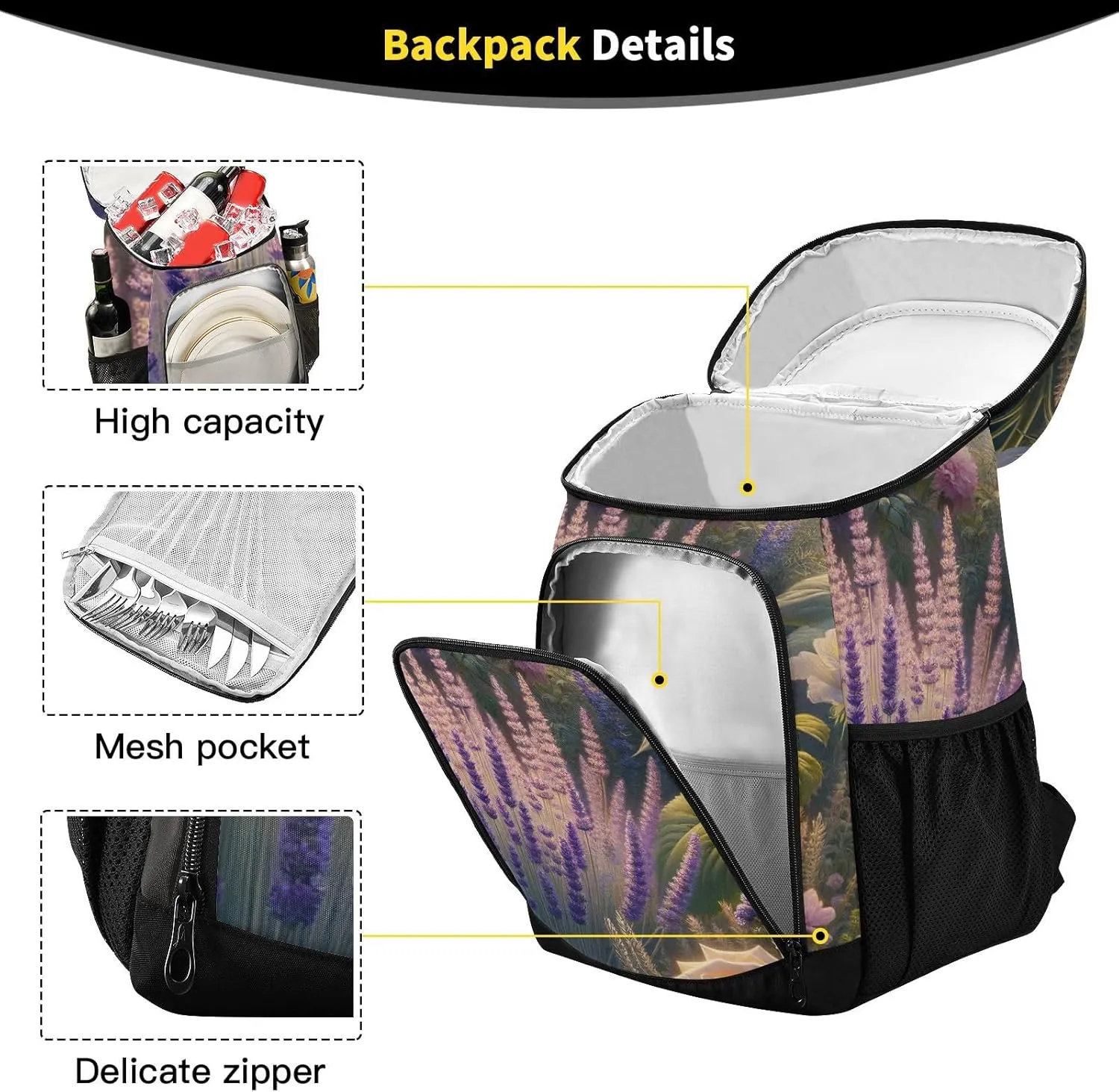 ODAWA Cooler Backpack Waterproof Beach Cooler Bag Lavenders Sunflowers Roses Lunch Backpack Lightweight Camping Bags