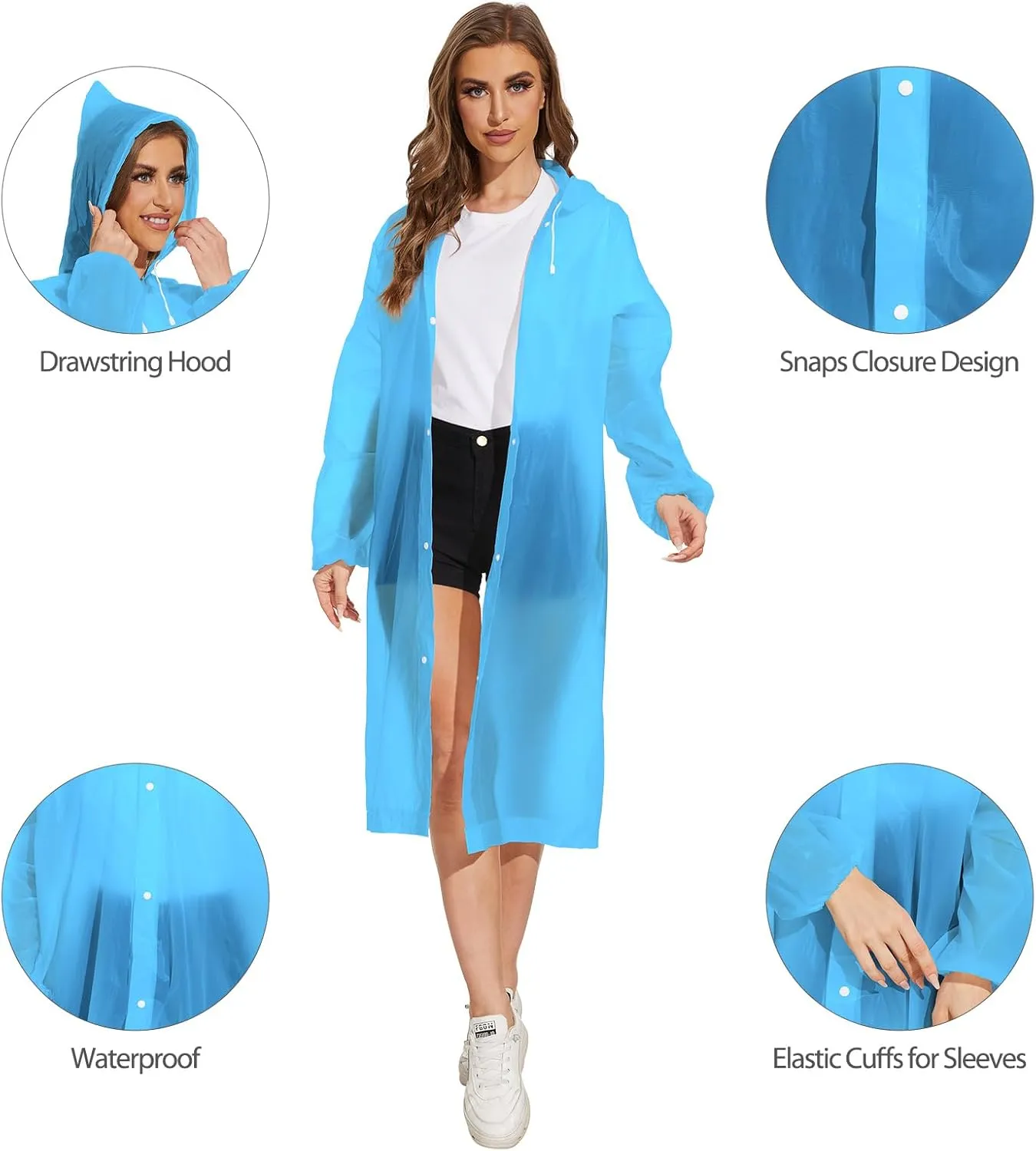 OFFITECTURE 2-Pack Reusable Rain Ponchos for Adults - Hooded Raincoats for Women/Men with Drawstring