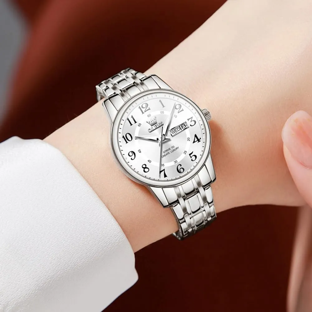 OLEVS Watches for Women, Womens Silver Dress Waterproof Two Tone Analog Stainless Steel Luxury Fashion Arabic Numerals Dainty Watch, Ladies Watches for Small Wrists with Date Gold Black Number Dial