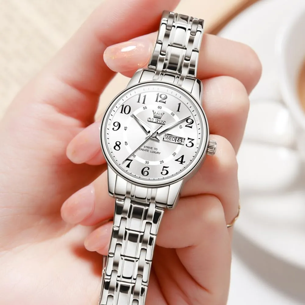 OLEVS Watches for Women, Womens Silver Dress Waterproof Two Tone Analog Stainless Steel Luxury Fashion Arabic Numerals Dainty Watch, Ladies Watches for Small Wrists with Date Gold Black Number Dial