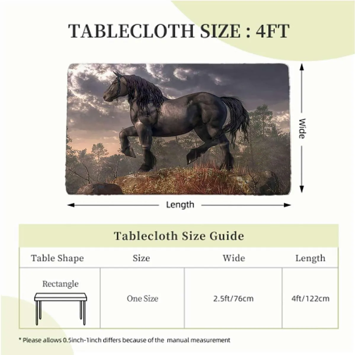 OOzie Blue Rectangular Table Covers, Couple Horses Running on Plowed Field in Stormy Elastic Tablecloth for Rectangle Table for Outdoor Picnics Dining Holiday Horses Fits up 4 Foot Tables