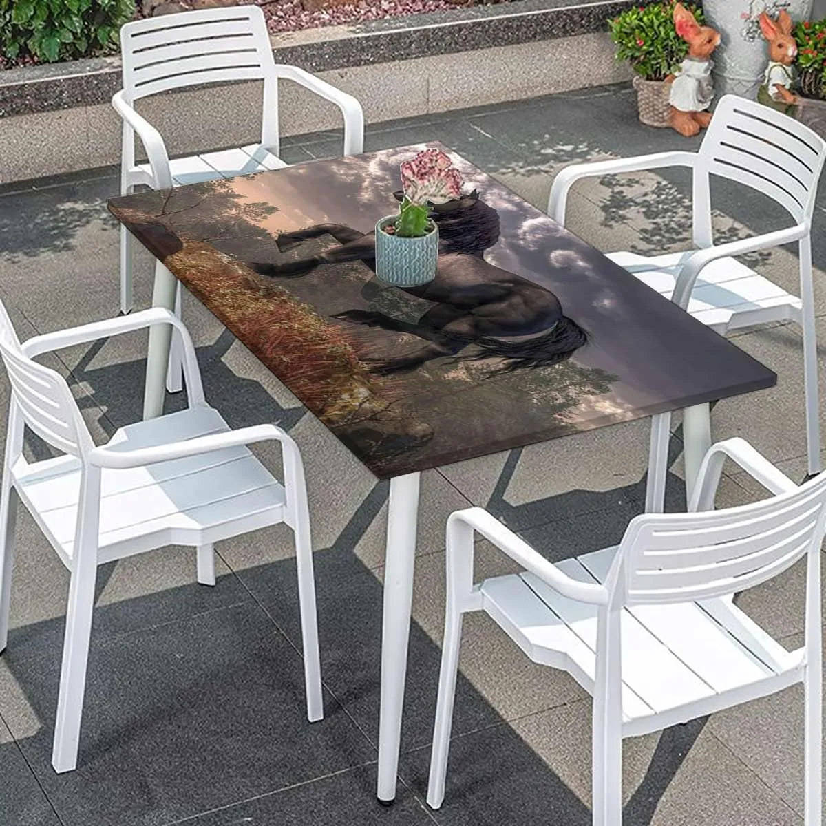 OOzie Blue Rectangular Table Covers, Couple Horses Running on Plowed Field in Stormy Elastic Tablecloth for Rectangle Table for Outdoor Picnics Dining Holiday Horses Fits up 4 Foot Tables