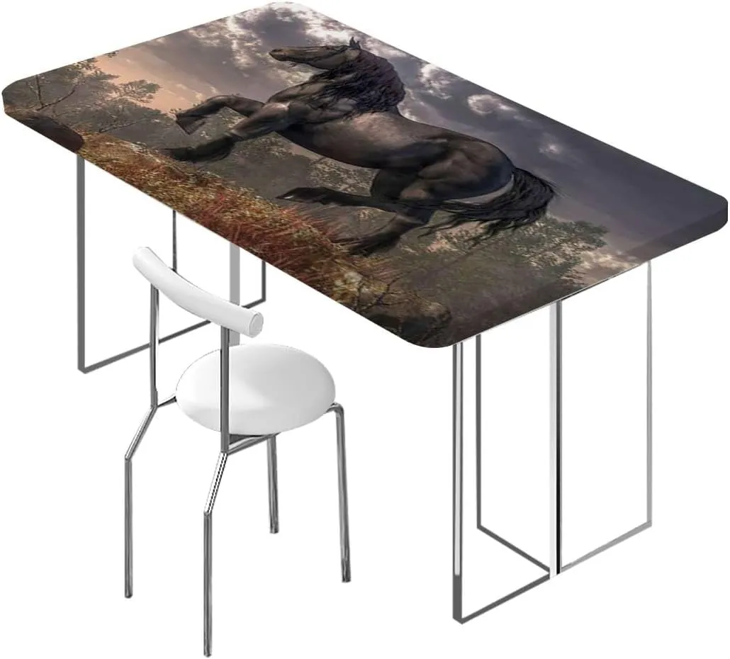 OOzie Blue Rectangular Table Covers, Couple Horses Running on Plowed Field in Stormy Elastic Tablecloth for Rectangle Table for Outdoor Picnics Dining Holiday Horses Fits up 4 Foot Tables