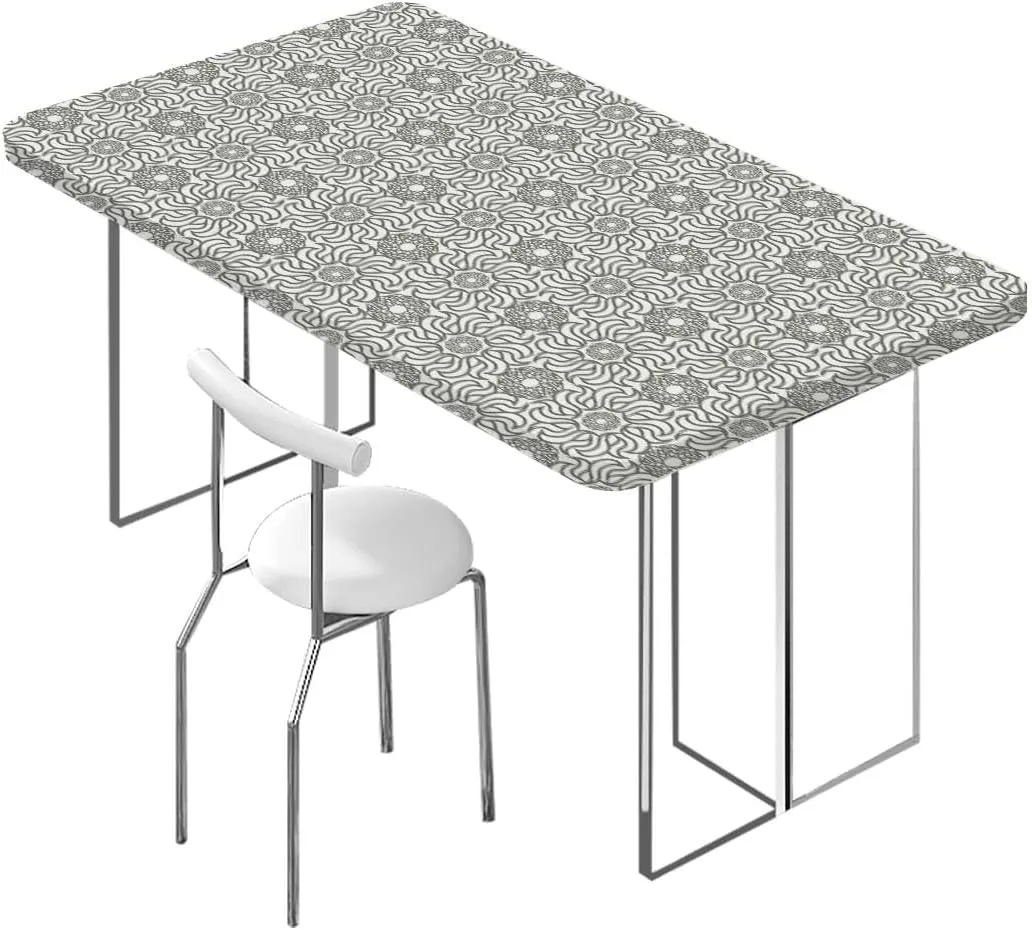 OOzie Charcoal Grey White Elastic Fitted Tablecloth Mixed Florets Pattern Abstract Buds Table Cloth for Indoor Outdoor Picnic Parties Floral Fits up 4 Foot Tables
