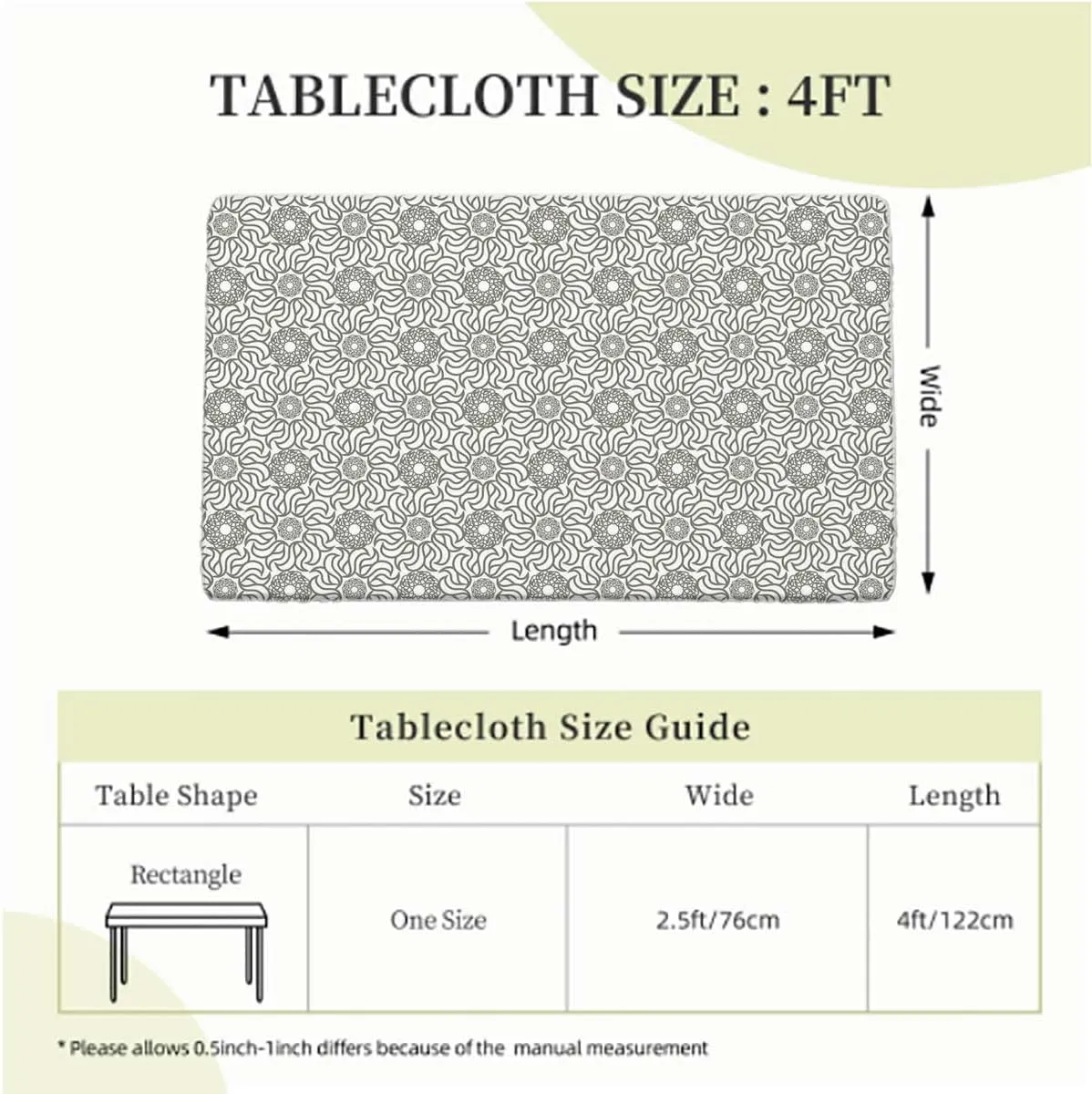 OOzie Charcoal Grey White Elastic Fitted Tablecloth Mixed Florets Pattern Abstract Buds Table Cloth for Indoor Outdoor Picnic Parties Floral Fits up 4 Foot Tables