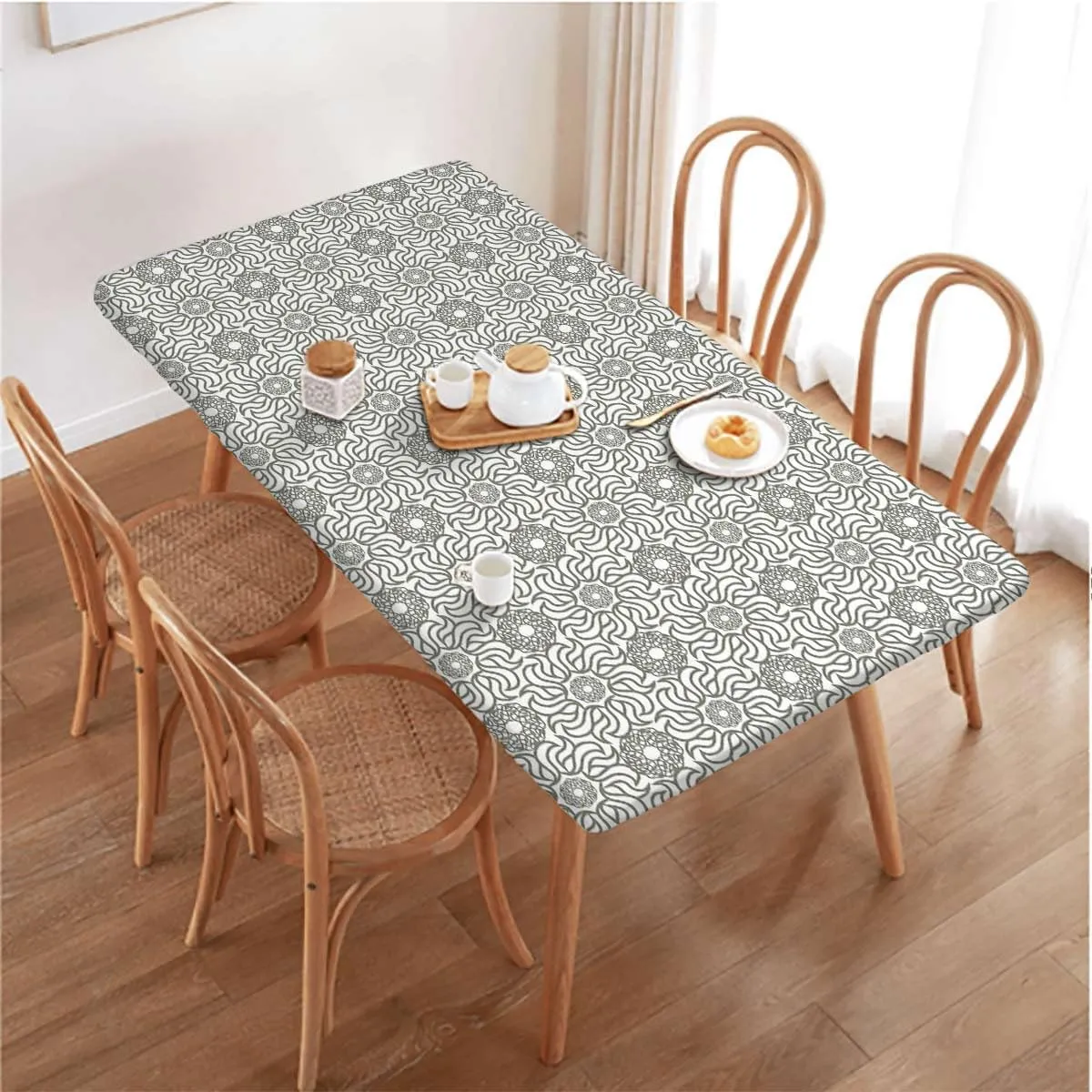 OOzie Charcoal Grey White Elastic Fitted Tablecloth Mixed Florets Pattern Abstract Buds Table Cloth for Indoor Outdoor Picnic Parties Floral Fits up 4 Foot Tables