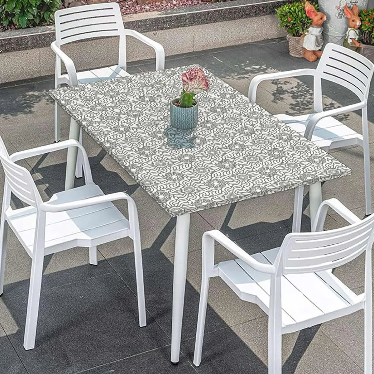 OOzie Charcoal Grey White Elastic Fitted Tablecloth Mixed Florets Pattern Abstract Buds Table Cloth for Indoor Outdoor Picnic Parties Floral Fits up 4 Foot Tables
