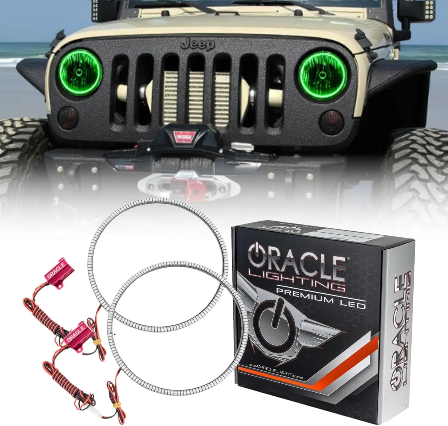ORACLE Lighting 3943-004 LED Surface Mount Headlight Halo Kit (Green) fits 2007 2017 Wrangler JK - Custom Look - No Cutting for Easy Installation - Extreme Durability