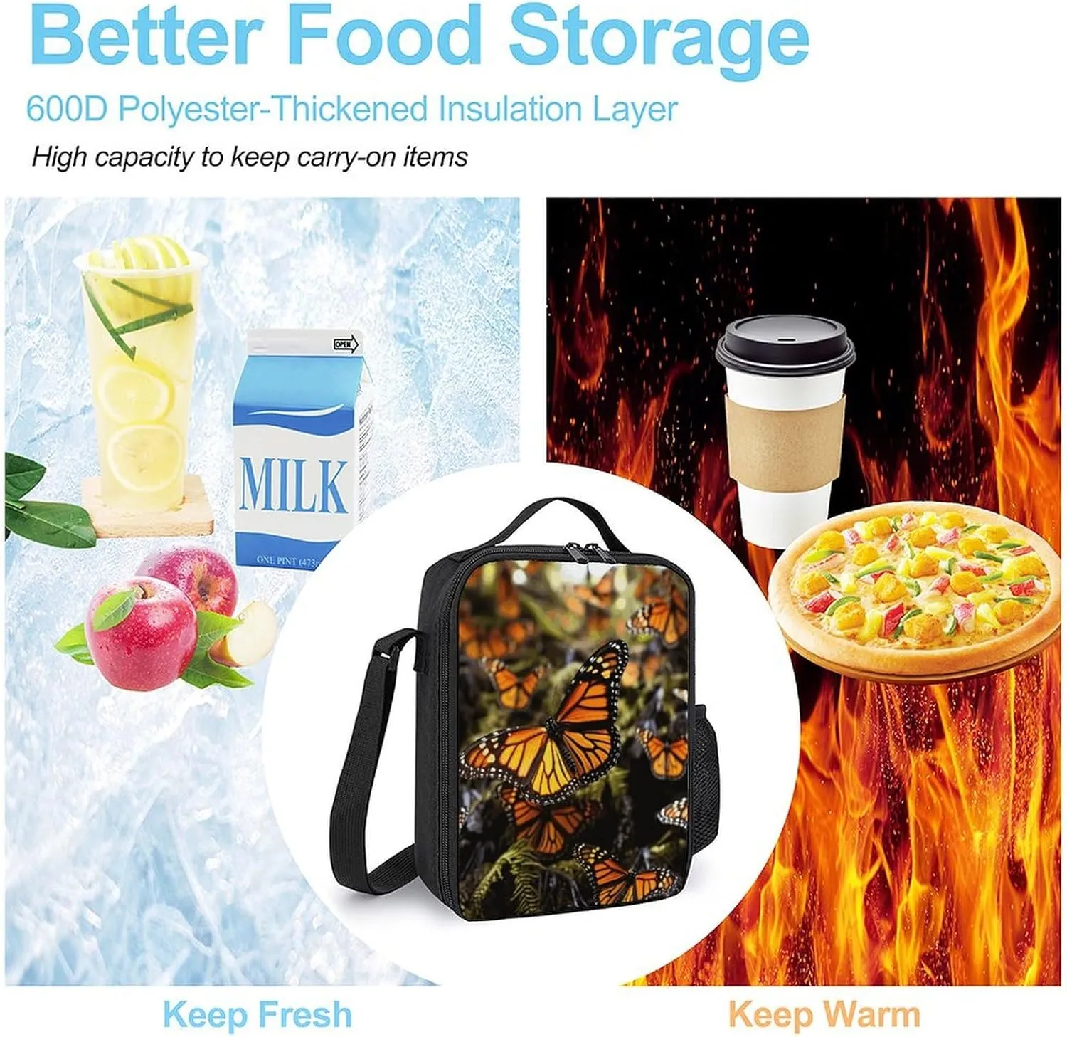 Orange Monarch Butterflies Lunch Bag for Women Men Lunch Box with Front Pocket Insulated Lunch Tote Bag for Office Work