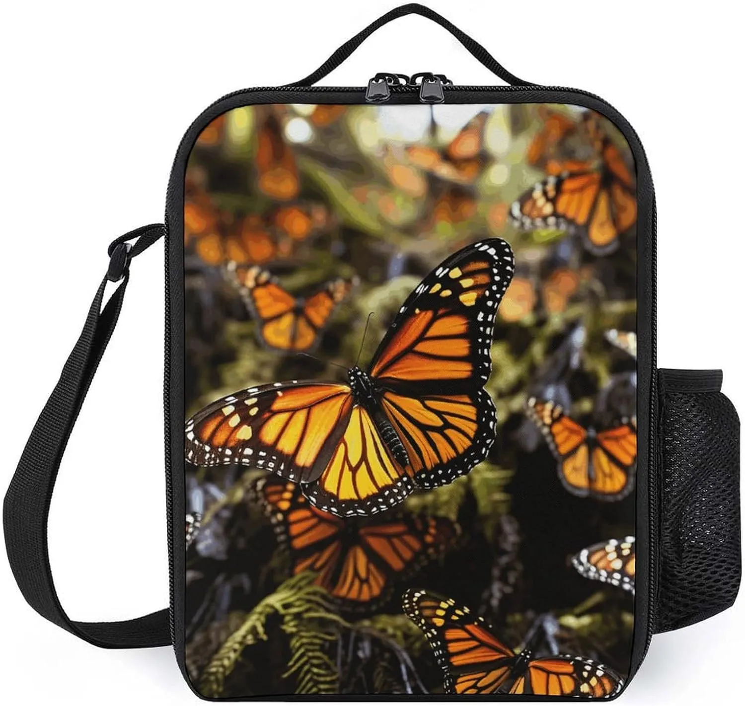 Orange Monarch Butterflies Lunch Bag for Women Men Lunch Box with Front Pocket Insulated Lunch Tote Bag for Office Work