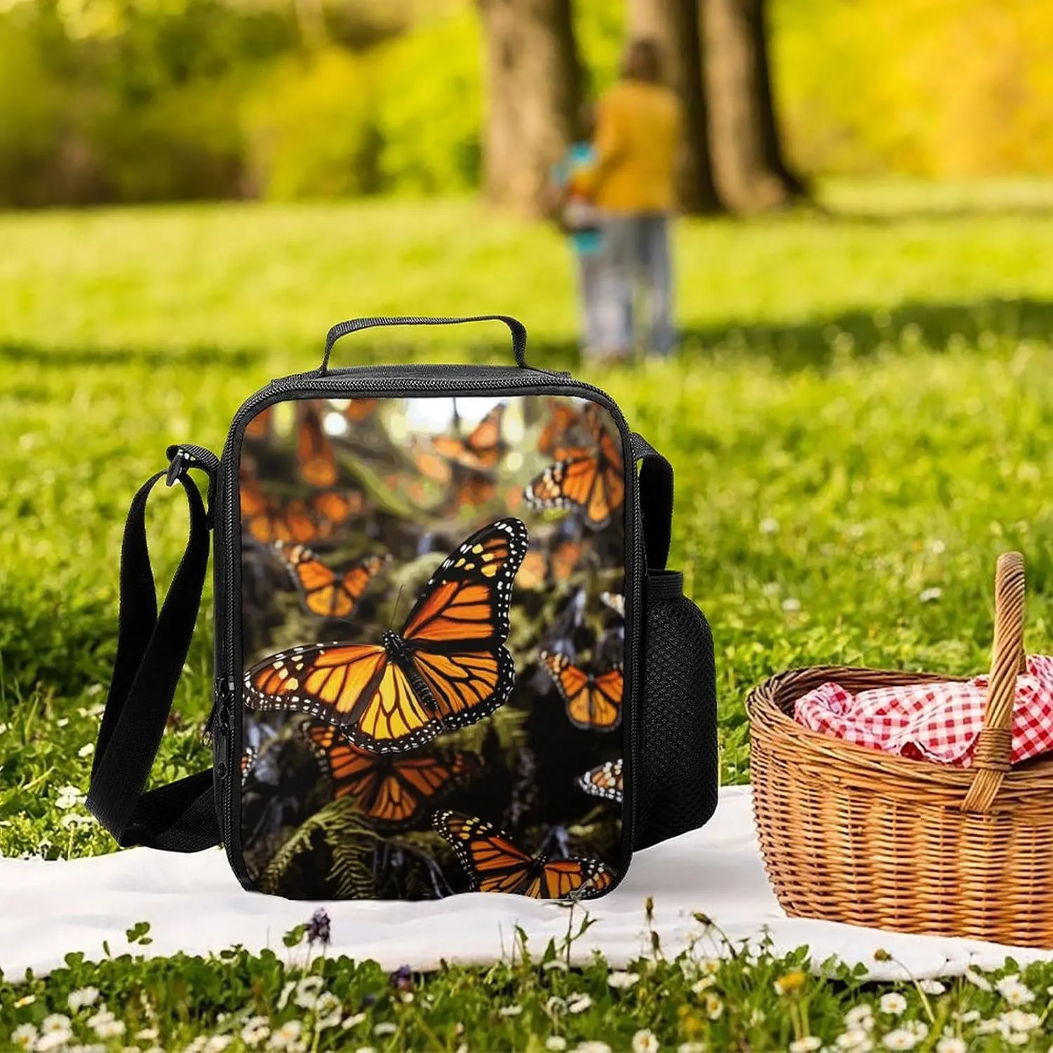 Orange Monarch Butterflies Lunch Bag for Women Men Lunch Box with Front Pocket Insulated Lunch Tote Bag for Office Work