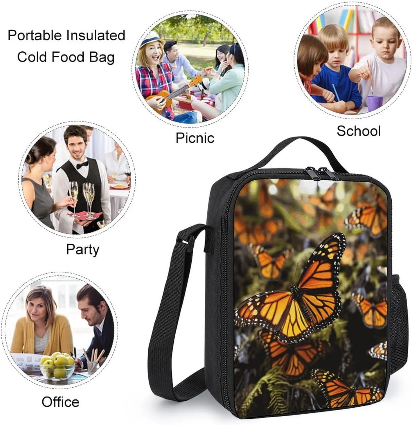 Orange Monarch Butterflies Lunch Bag for Women Men Lunch Box with Front Pocket Insulated Lunch Tote Bag for Office Work