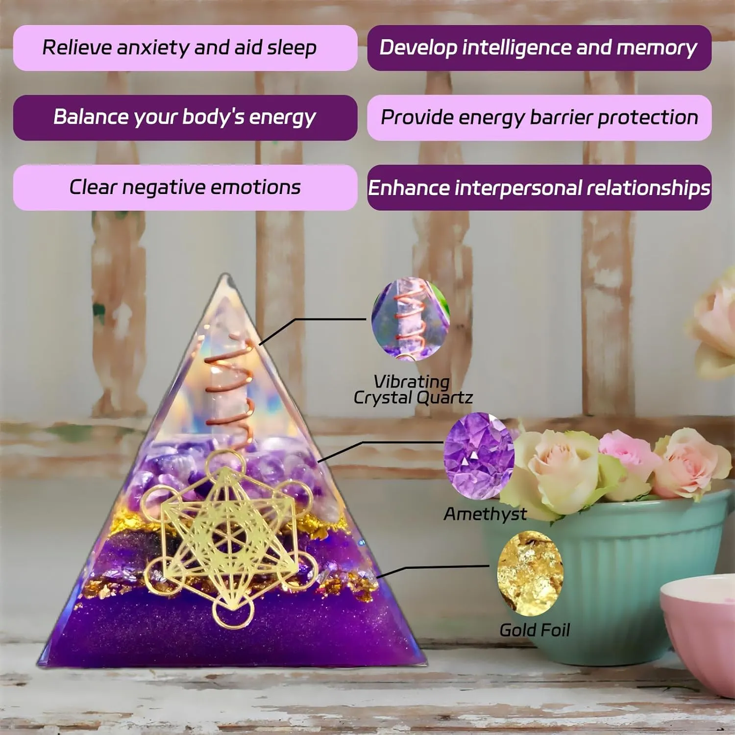 Orgone Pyramid,Amethyst Crystal Pyramid for Positive Energy,Handmade Reiki Orgonite Pyramid,Energy Generator Used for Reduce Stress,Meditation Accessories,Attract Success and Chakra Healing
