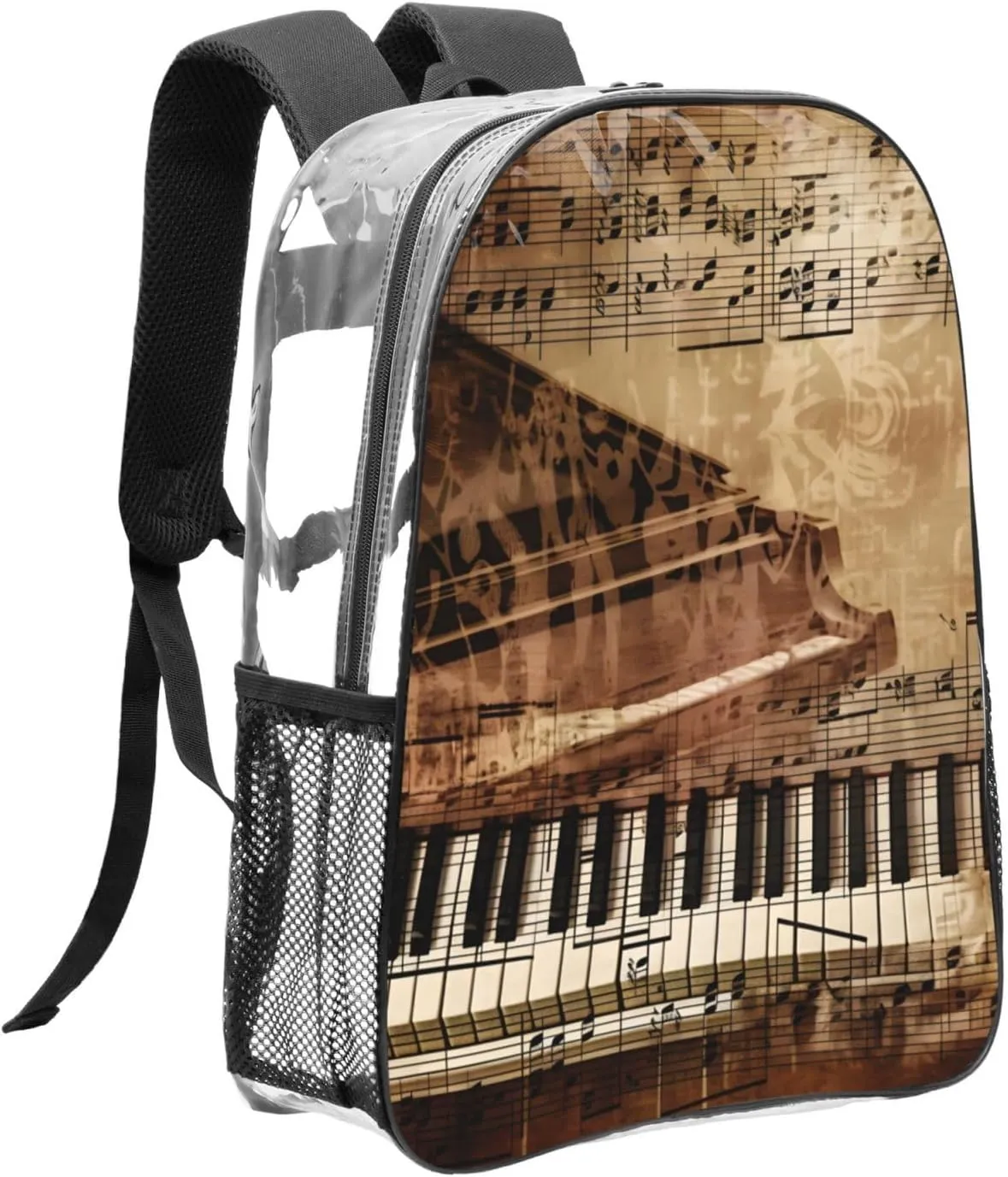 OSAM SPACE Vintage Piano Key Clear Backpack for Stadium Events Heavy Duty PVC Transparent Backpack See Through Bag Large Capacity Clear Backpacks for Women Men (16Inch)