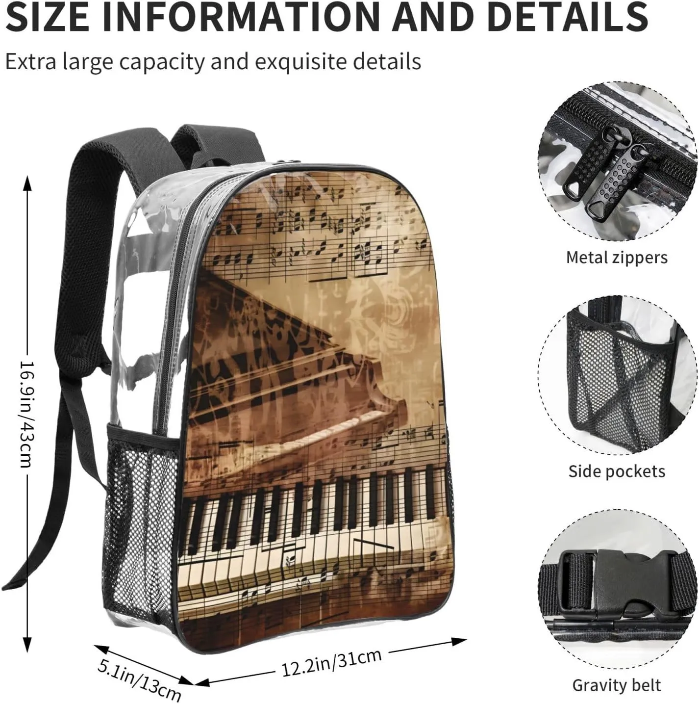 OSAM SPACE Vintage Piano Key Clear Backpack for Stadium Events Heavy Duty PVC Transparent Backpack See Through Bag Large Capacity Clear Backpacks for Women Men (16Inch)