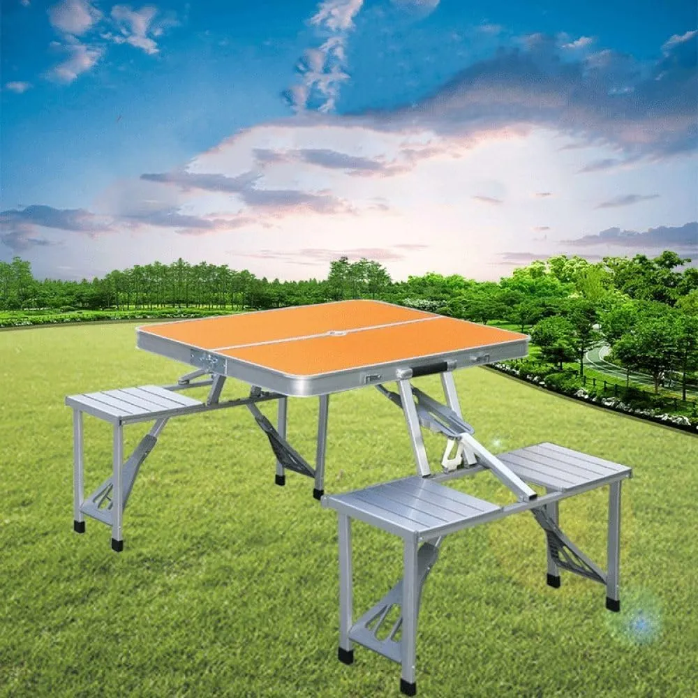 Outdoor Camping Folding Table and Chair One Table Four Chairs Aluminum Alloy Connected Simple Portable Folding Picnic Table,Silver