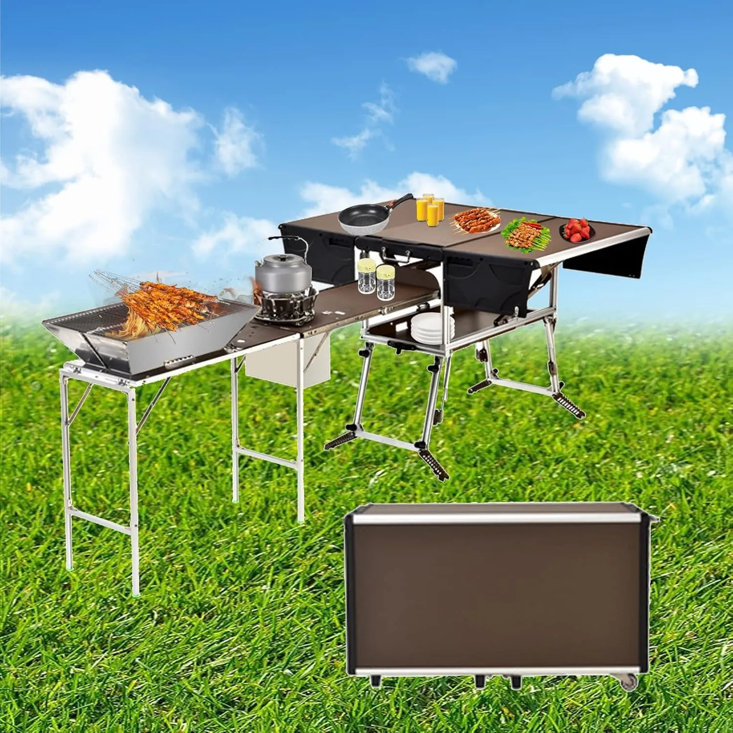 Outdoor Camping Table, Easy to Carry Picnic Folding Table, Equipped with Kitchen Utensils and Stove, Suitable for RV Outdoor Barbecue Cooking (Package 6)