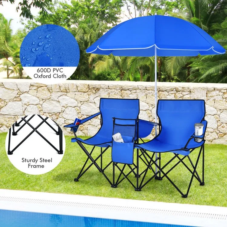 Outdoor Folding Camping Chair with Sunshade Umbrella - Double Chair Suitable for Beach, Camping, and Fishing