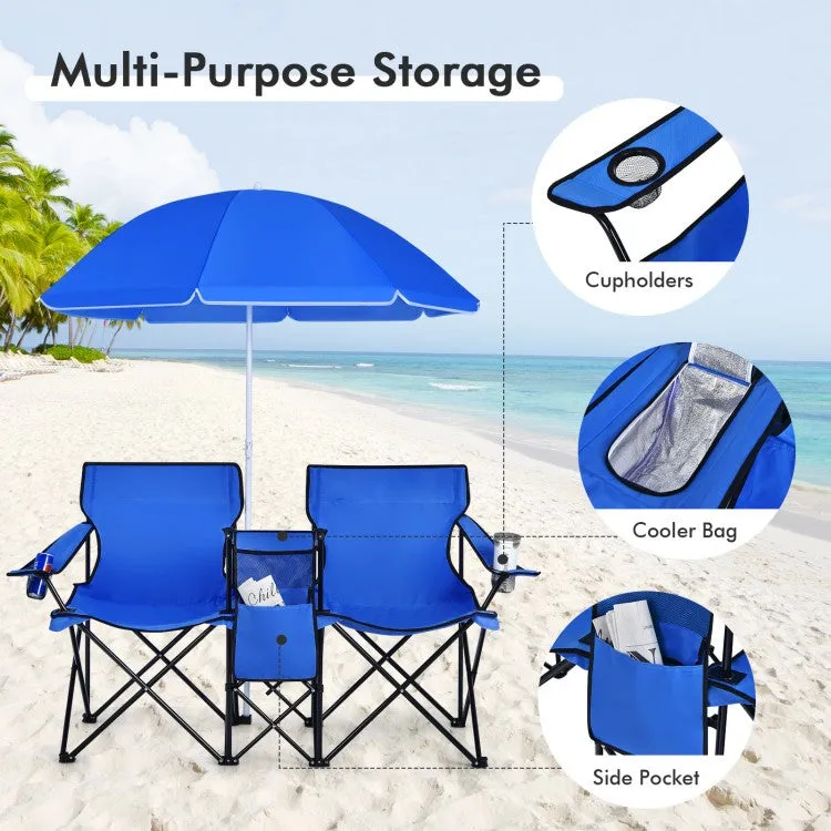 Outdoor Folding Camping Chair with Sunshade Umbrella - Double Chair Suitable for Beach, Camping, and Fishing