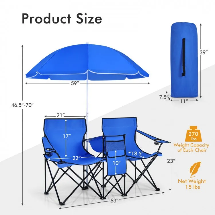 Outdoor Folding Camping Chair with Sunshade Umbrella - Double Chair Suitable for Beach, Camping, and Fishing