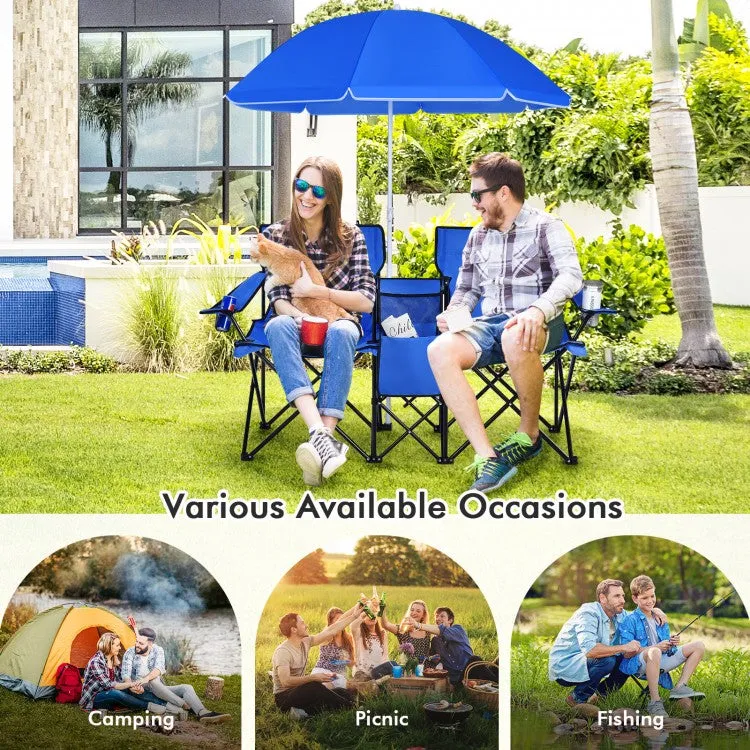 Outdoor Folding Camping Chair with Sunshade Umbrella - Double Chair Suitable for Beach, Camping, and Fishing