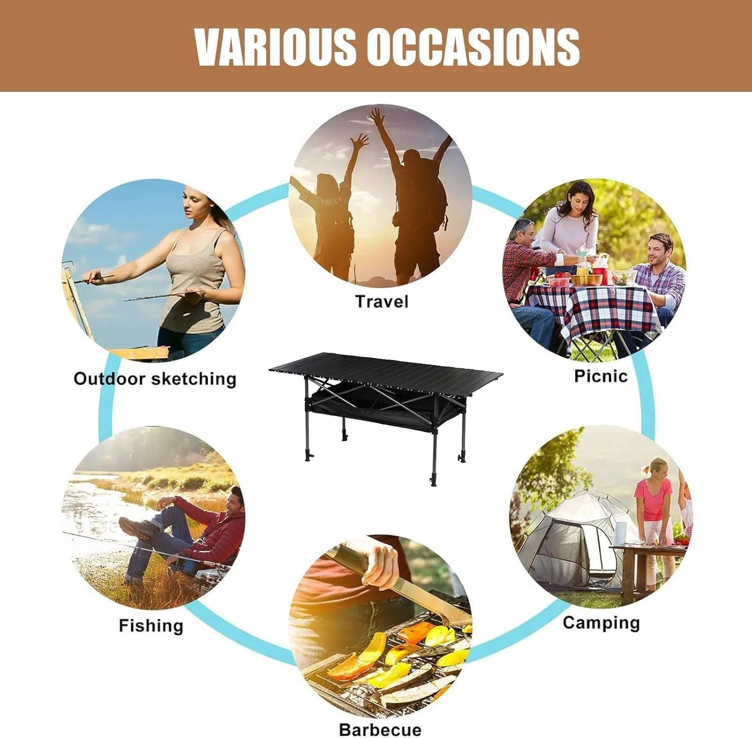 Outdoor Folding Camping Table, Ultralight Aluminum Alloy Roll Up Picnic Table with Storage Bag, Foldable Portable Table Height Adjustable for Beach, Fishing, BBQ, Hiking, 3FT, Black