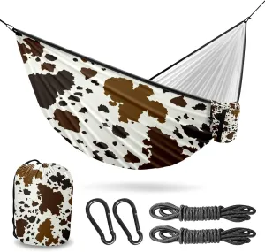 Outdoor Hammock for Camping Western Brown Cow Print Double Single Hammocks with 2 Tree Straps, Lightweight Portable Heavy Duty Nylon Hammocks for Backpacking Travel Beach Backyard Patio Hiking