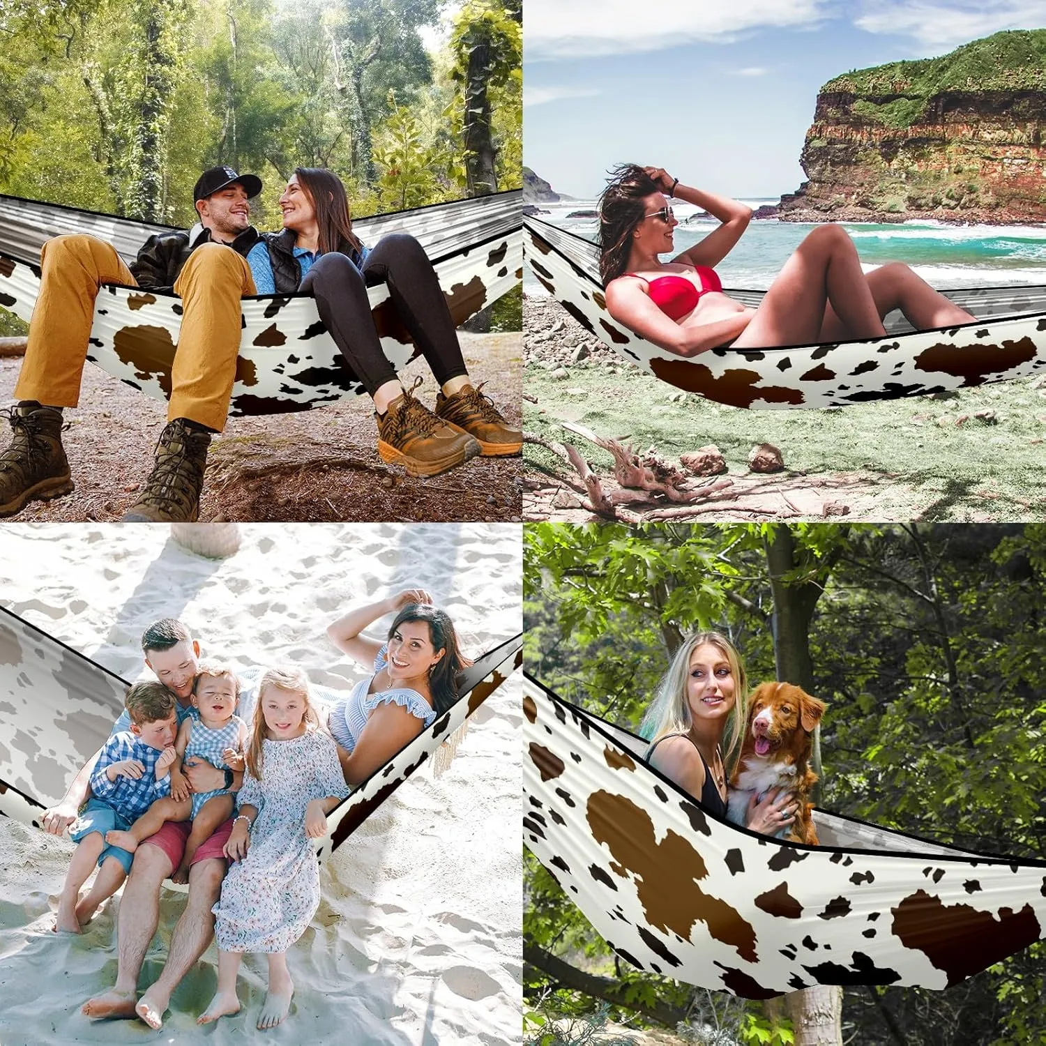Outdoor Hammock for Camping Western Brown Cow Print Double Single Hammocks with 2 Tree Straps, Lightweight Portable Heavy Duty Nylon Hammocks for Backpacking Travel Beach Backyard Patio Hiking